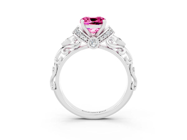 White gold Cushion Cut Pink Sapphire Solitaire Ring with Filigree Band and Four-Prong Setting