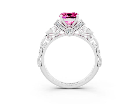 White gold Cushion Cut Pink Sapphire Solitaire Ring with Filigree Band and Four-Prong Setting_93