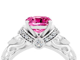 White gold Cushion Cut Pink Sapphire Solitaire Ring with Filigree Band and Four-Prong Setting_94