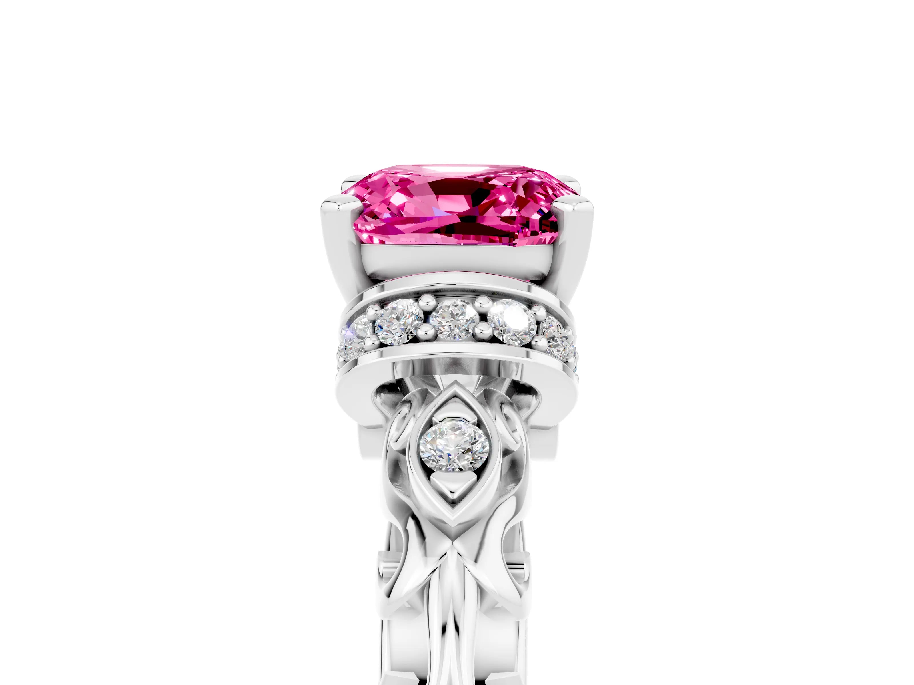 White gold Cushion Cut Pink Sapphire Solitaire Ring with Filigree Band and Four-Prong Setting_98