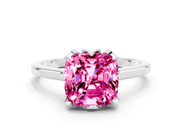 Platinum Cushion Cut Pink Sapphire Solitaire Ring with Flower Prong Setting and Classic Band
