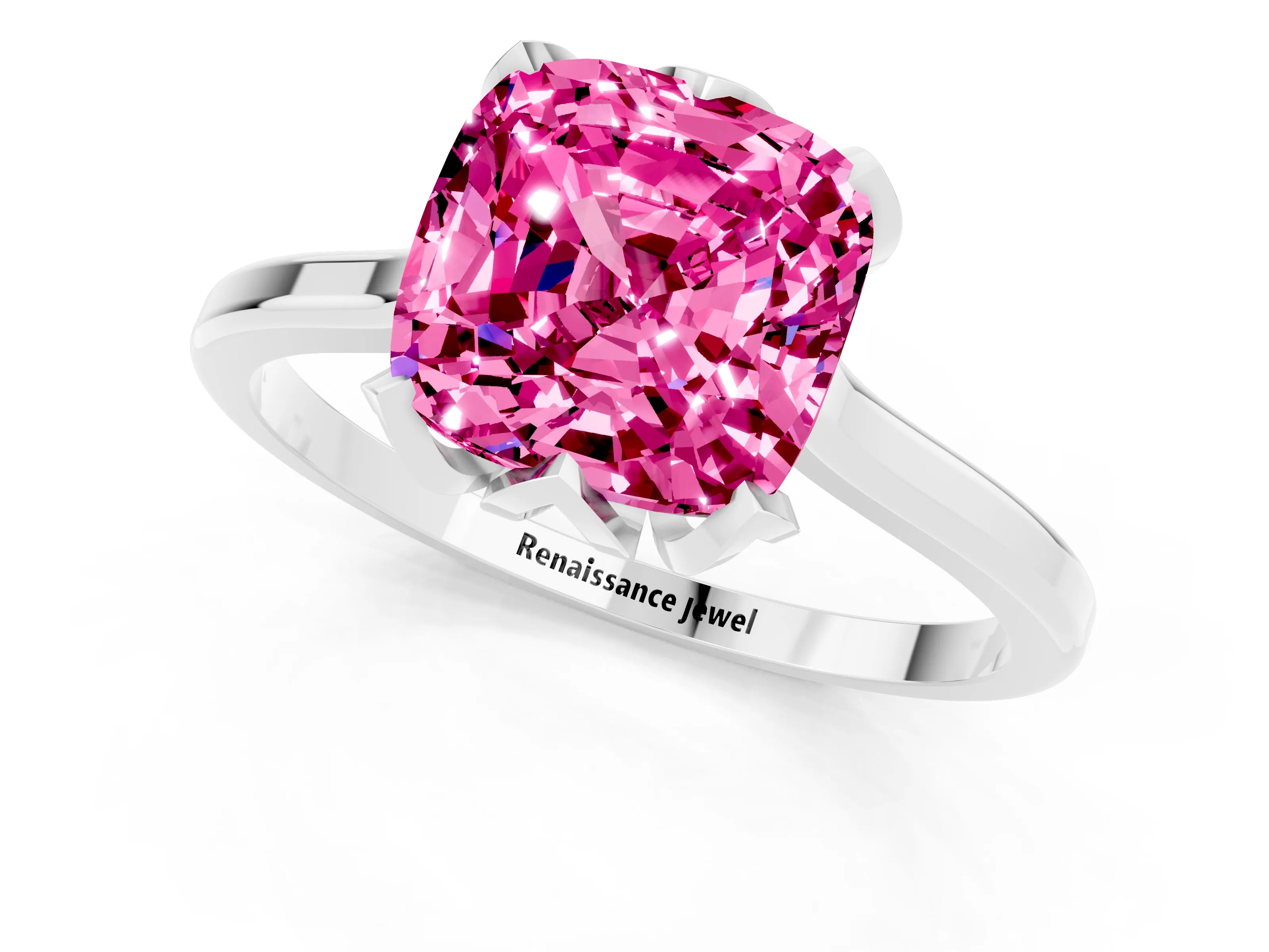 White gold Cushion Cut Pink Sapphire Solitaire Ring with Flower Prong Setting and Classic Band_13