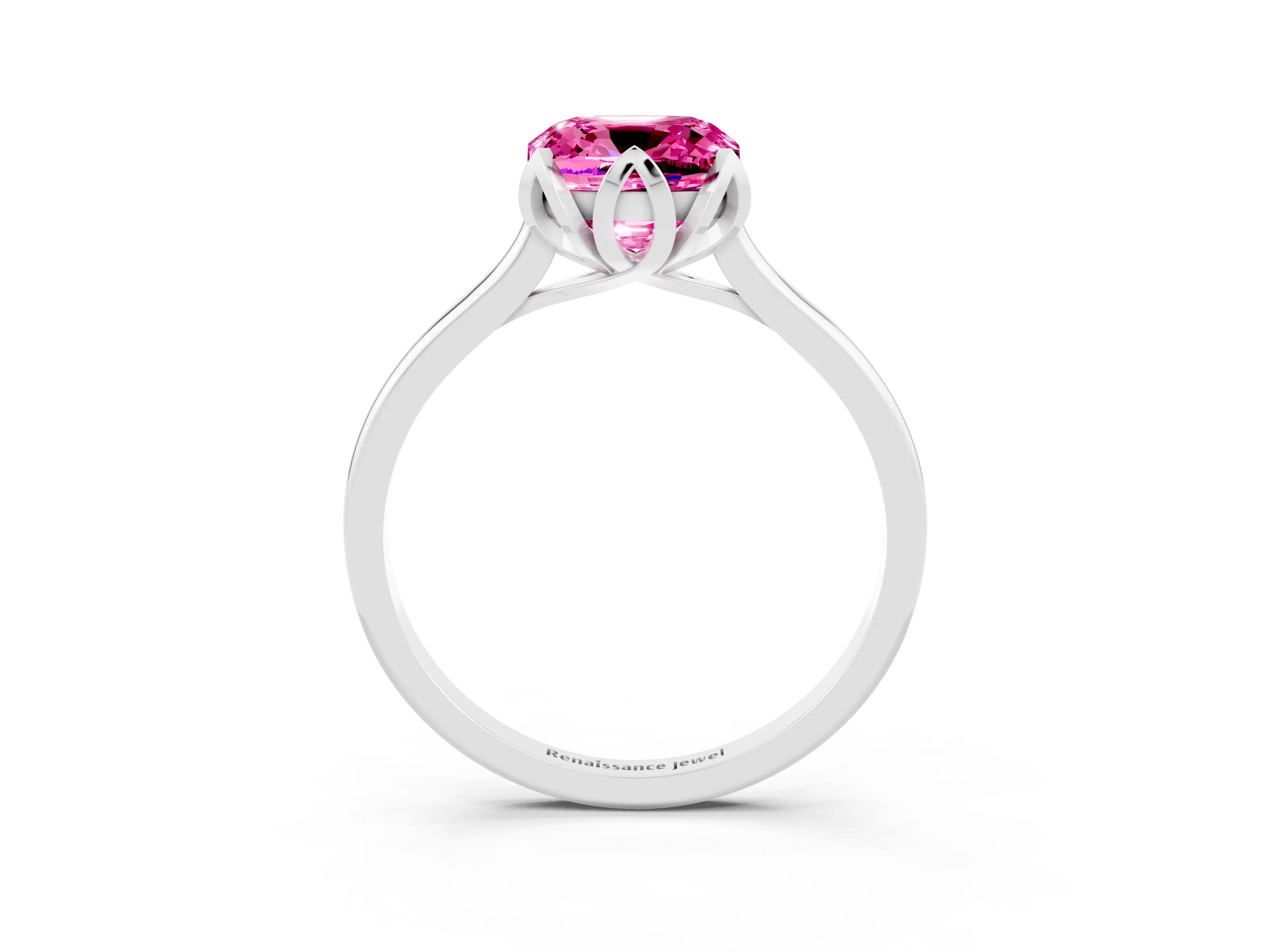 White gold Cushion Cut Pink Sapphire Solitaire Ring with Flower Prong Setting and Classic Band_15