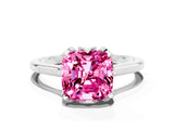 White gold Cushion Cut Pink Sapphire Solitaire Ring with Flower Prong Setting and Classic Band_85