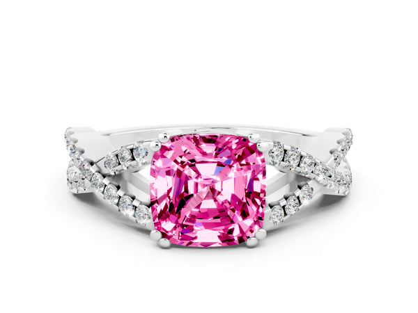 White gold Cushion Cut Pink Sapphire Solitaire Ring with Four-Prong Setting and Twisted Pavé Band