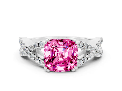 White gold Cushion Cut Pink Sapphire Solitaire Ring with Four-Prong Setting and Twisted Pavé Band_12