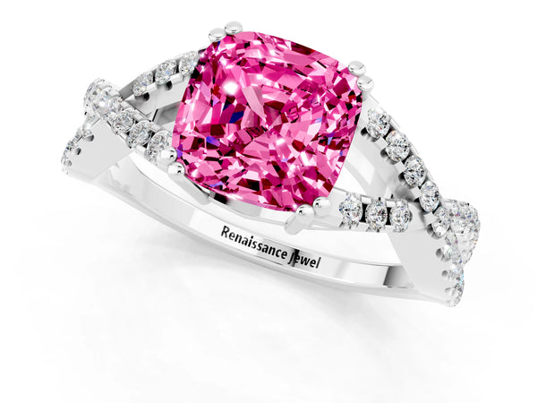 Platinum Cushion Cut Pink Sapphire Solitaire Ring with Four-Prong Setting and Twisted Pavé Band