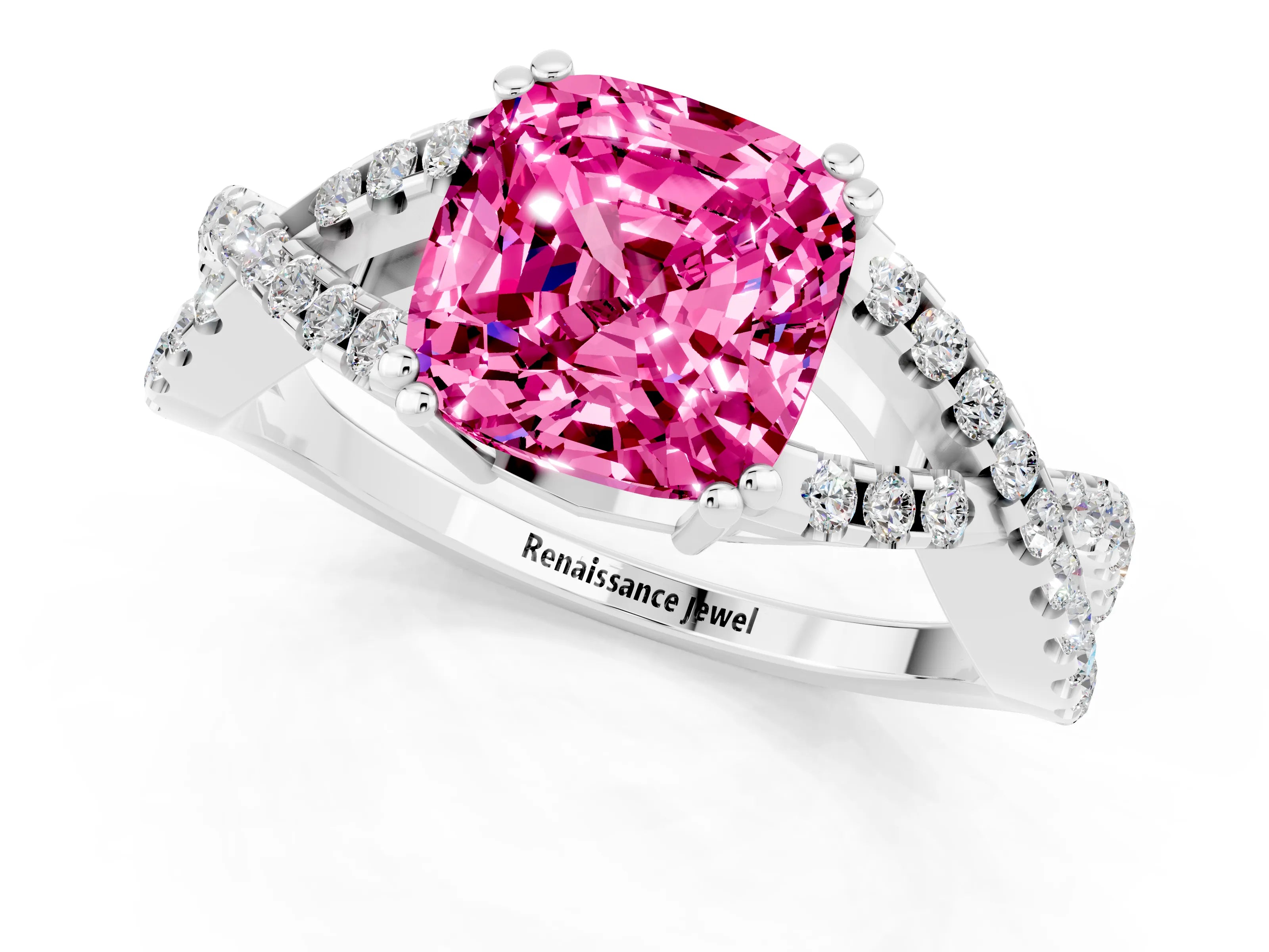 White gold Cushion Cut Pink Sapphire Solitaire Ring with Four-Prong Setting and Twisted Pavé Band_13