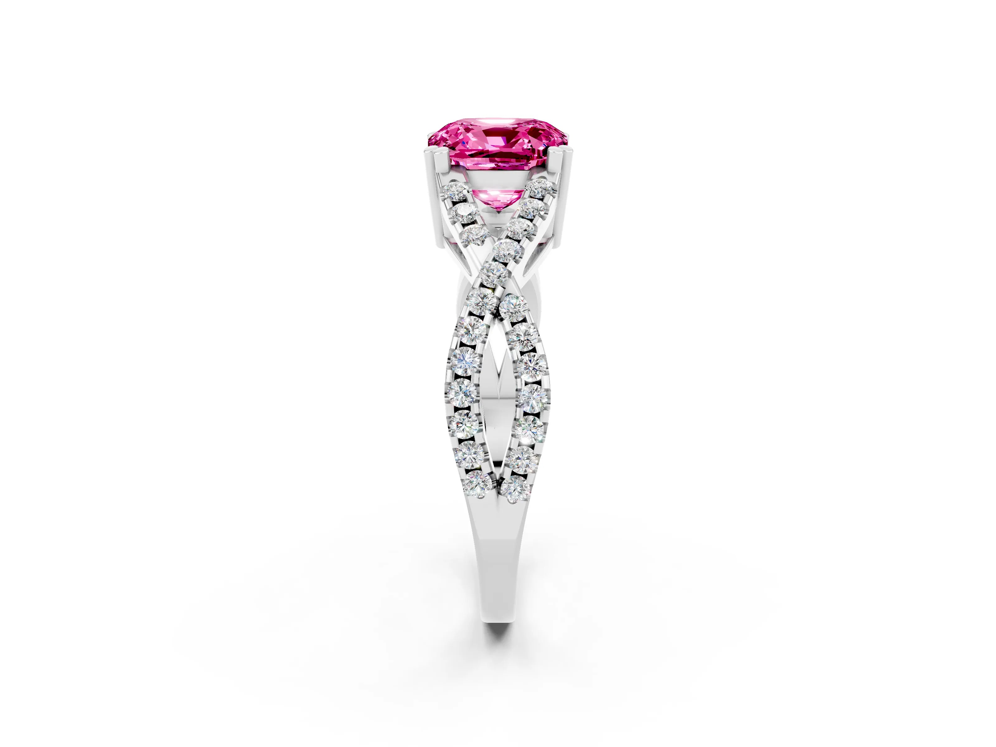 White gold Cushion Cut Pink Sapphire Solitaire Ring with Four-Prong Setting and Twisted Pavé Band_14