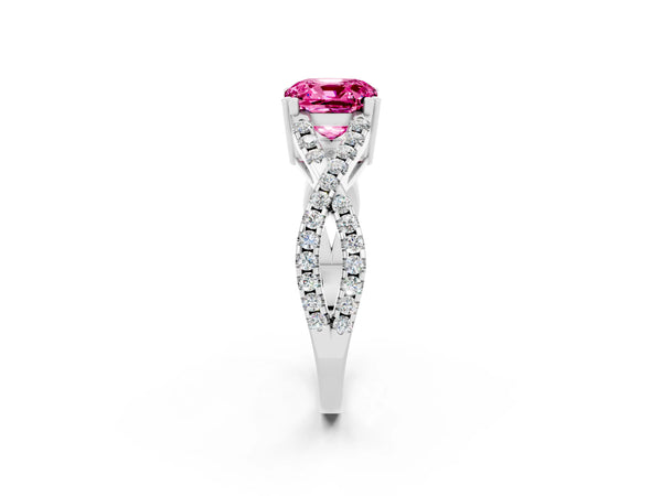 White gold Cushion Cut Pink Sapphire Solitaire Ring with Four-Prong Setting and Twisted Pavé Band