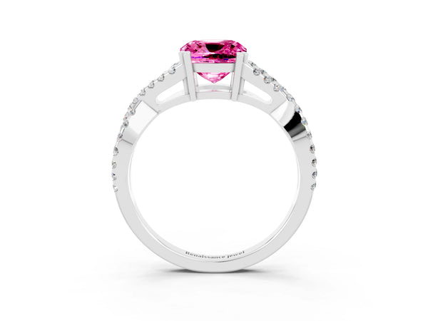 White gold Cushion Cut Pink Sapphire Solitaire Ring with Four-Prong Setting and Twisted Pavé Band