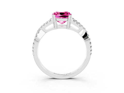 White gold Cushion Cut Pink Sapphire Solitaire Ring with Four-Prong Setting and Twisted Pavé Band_15