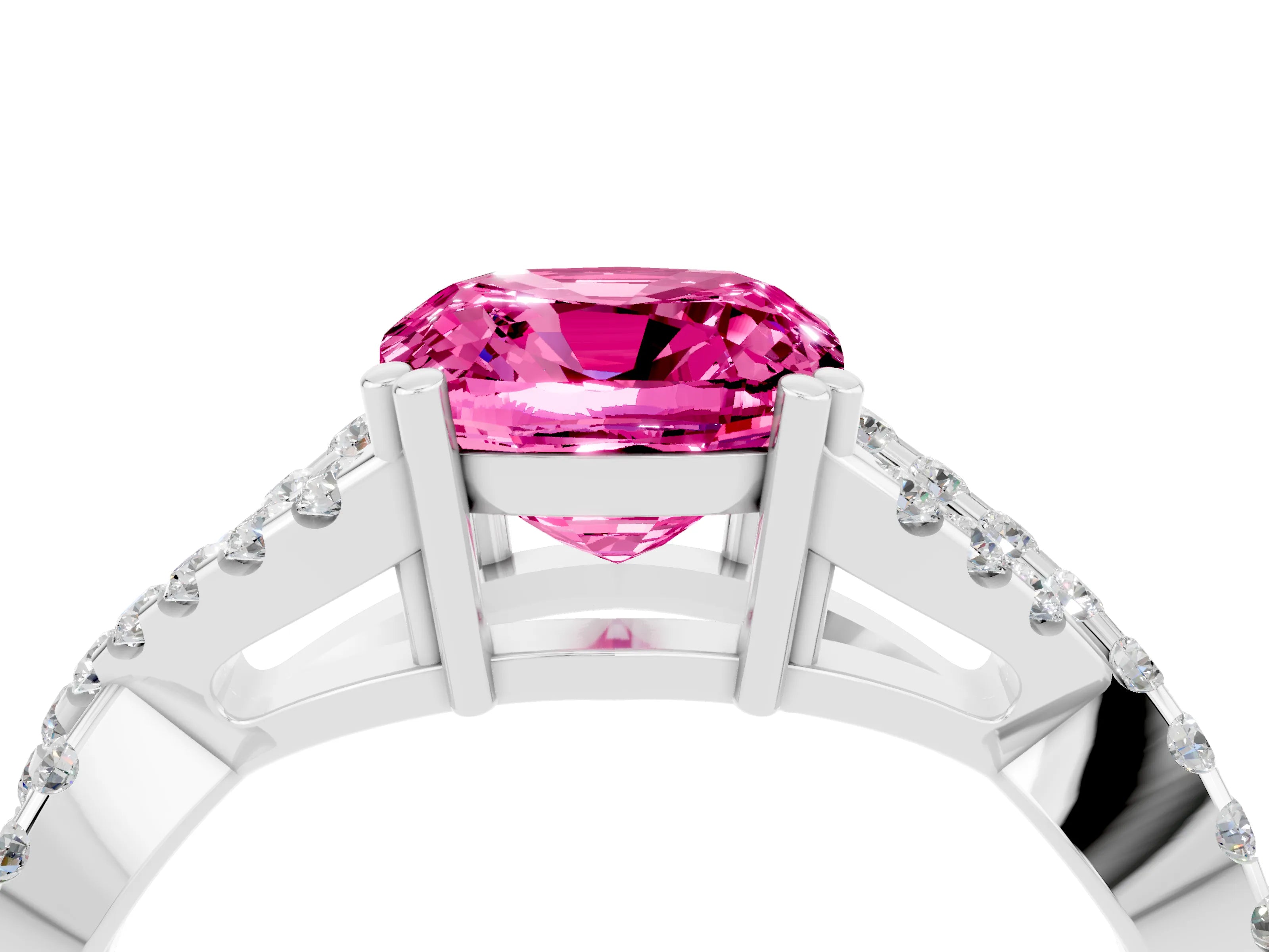 White gold Cushion Cut Pink Sapphire Solitaire Ring with Four-Prong Setting and Twisted Pavé Band_16