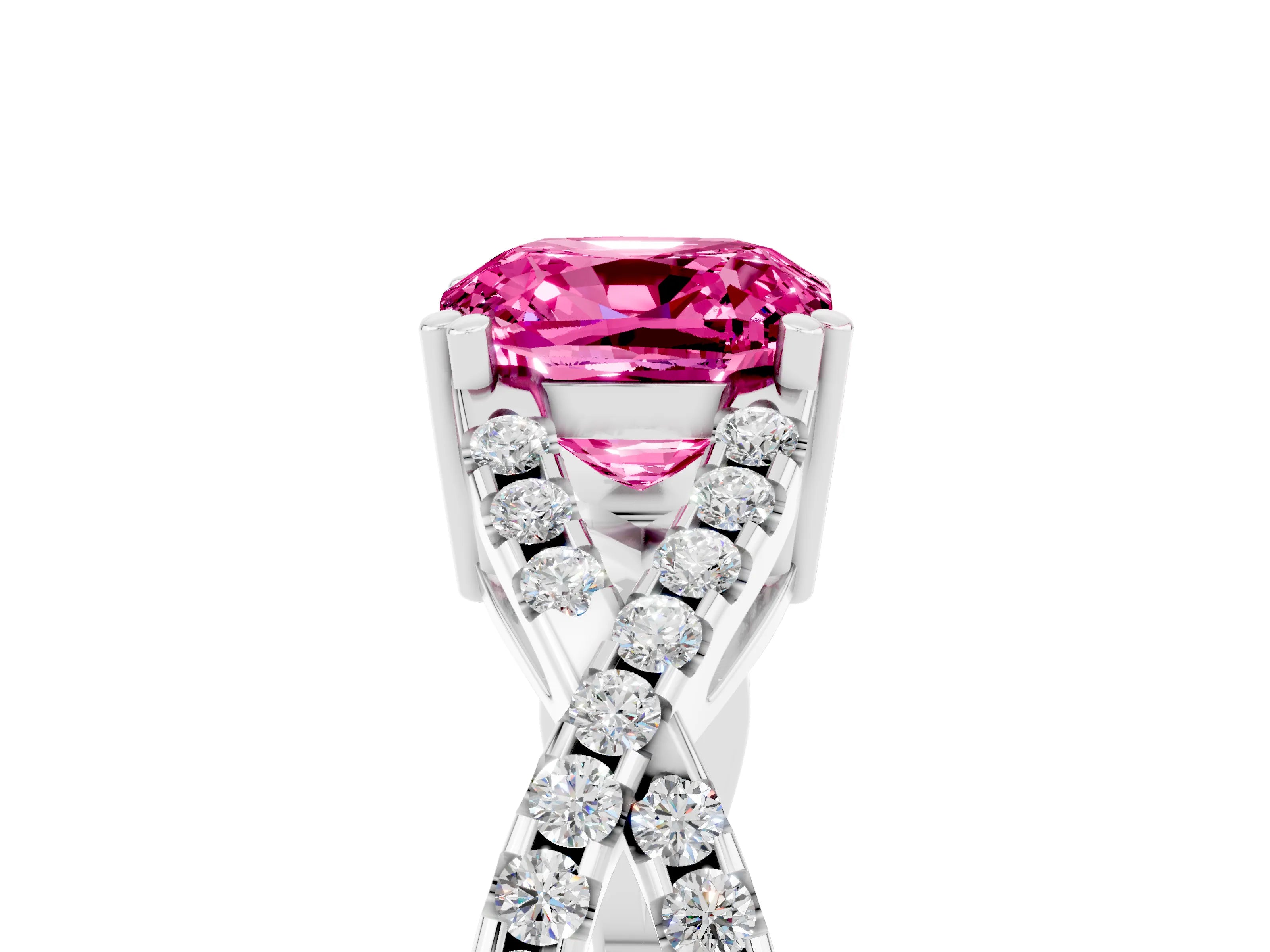 White gold Cushion Cut Pink Sapphire Solitaire Ring with Four-Prong Setting and Twisted Pavé Band_17