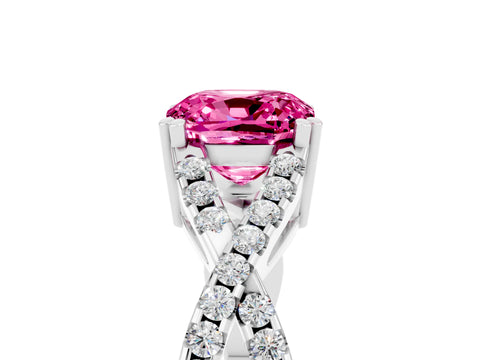 White gold Cushion Cut Pink Sapphire Solitaire Ring with Four-Prong Setting and Twisted Pavé Band_17