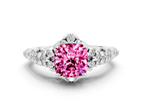 White gold Cushion Cut Pink Sapphire Solitaire Ring with Hidden Halo and Pavé Band_12