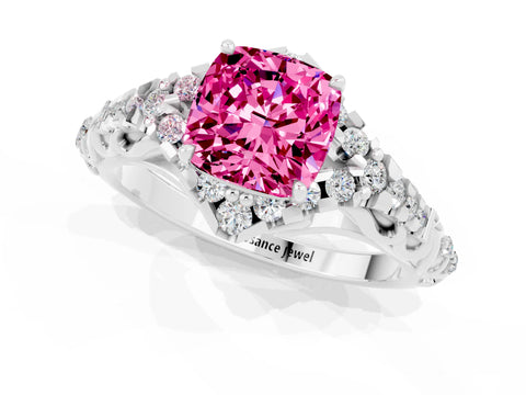 White gold Cushion Cut Pink Sapphire Solitaire Ring with Hidden Halo and Pavé Band_13