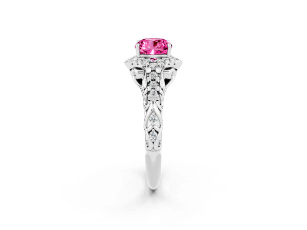 Silver Cushion Cut Pink Sapphire Solitaire Ring with Hidden Halo and Pavé Band