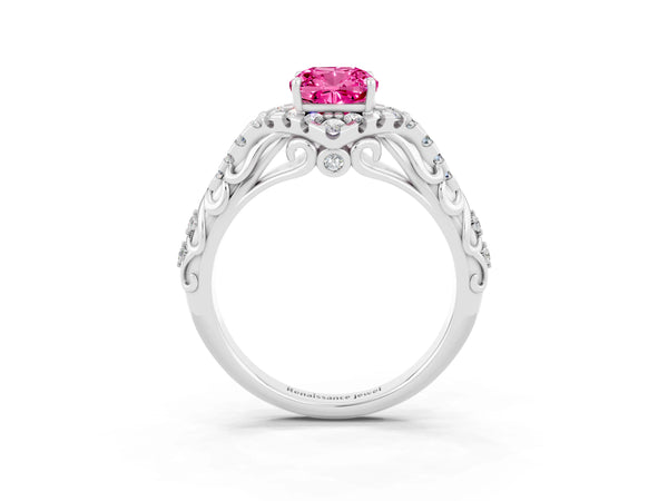 Platinum Cushion Cut Pink Sapphire Solitaire Ring with Hidden Halo and Pavé Band