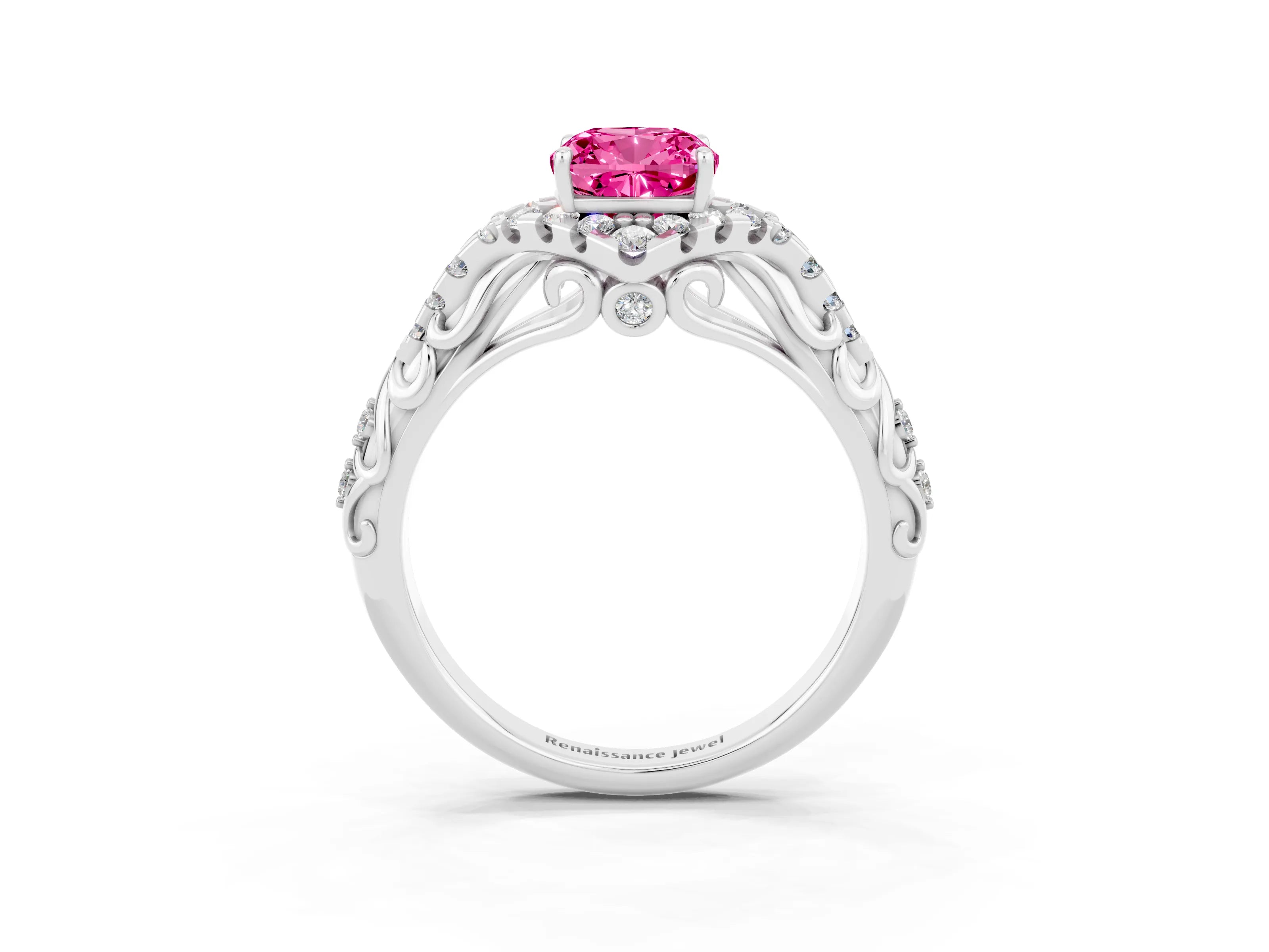 White gold Cushion Cut Pink Sapphire Solitaire Ring with Hidden Halo and Pavé Band_15