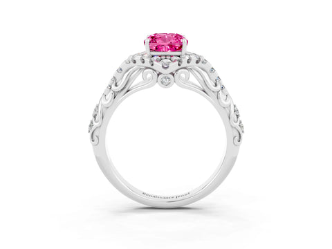 White gold Cushion Cut Pink Sapphire Solitaire Ring with Hidden Halo and Pavé Band_15