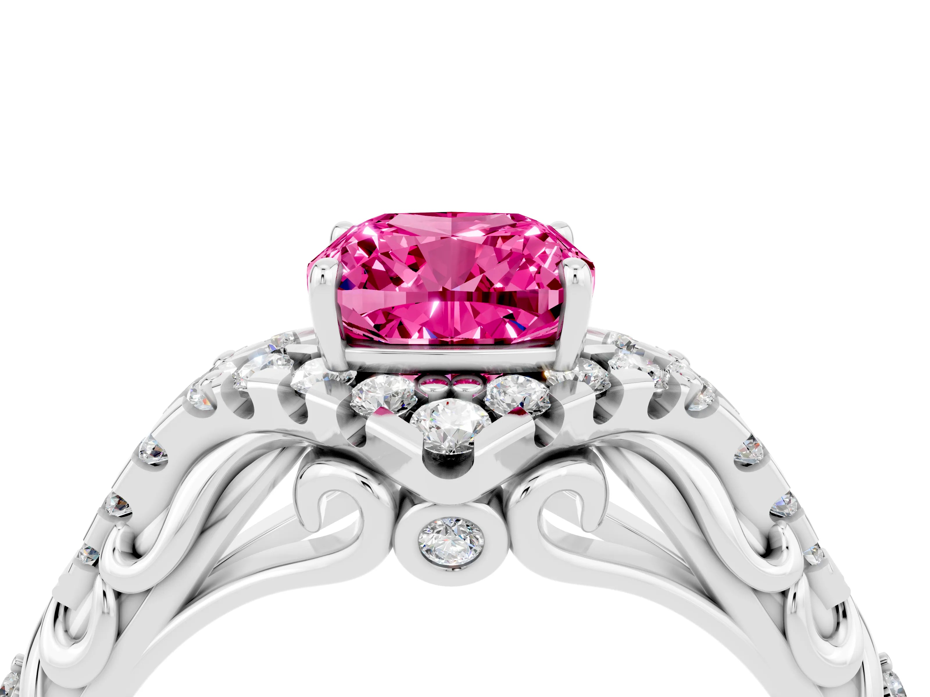 White gold Cushion Cut Pink Sapphire Solitaire Ring with Hidden Halo and Pavé Band_16