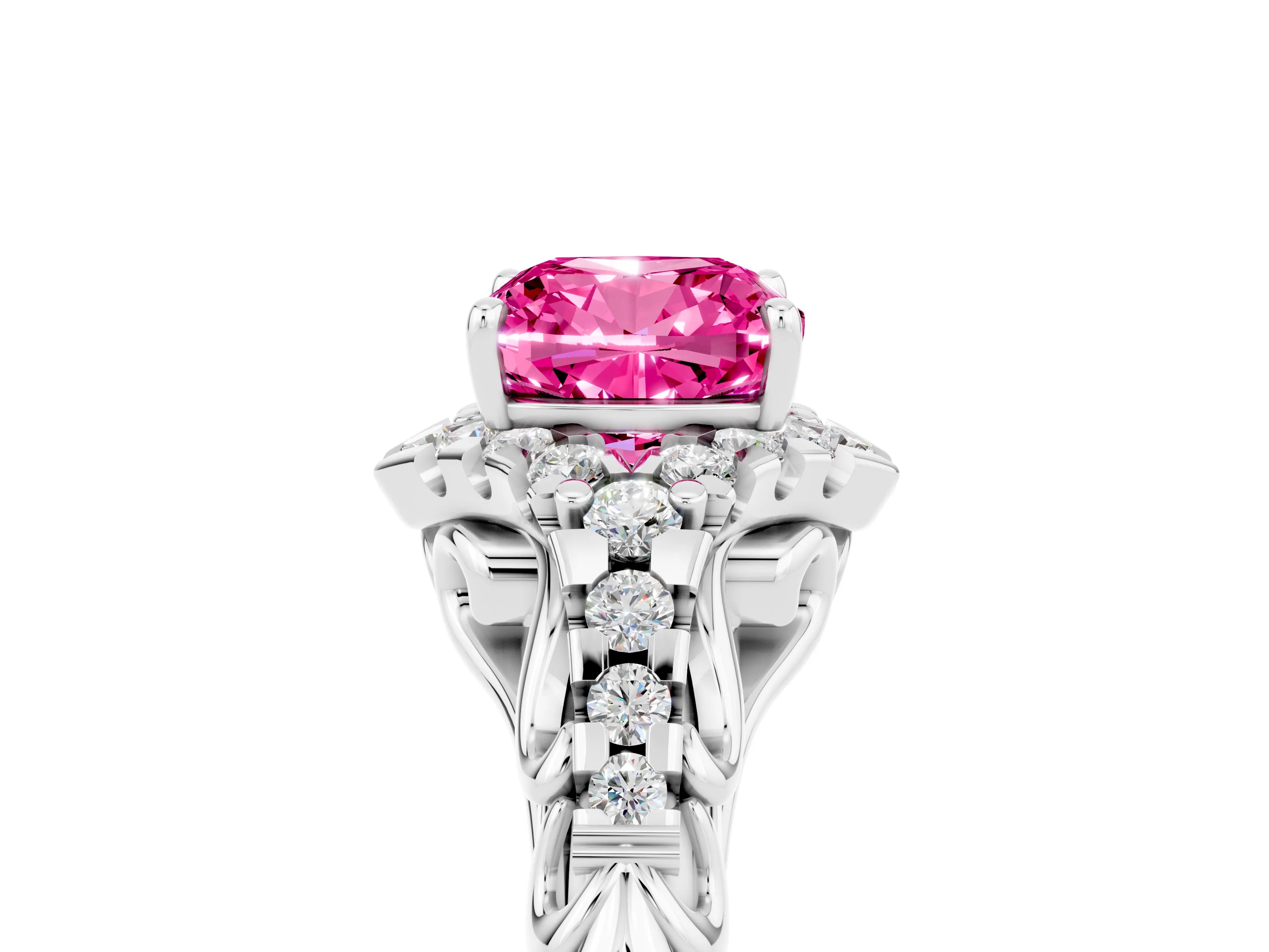 White gold Cushion Cut Pink Sapphire Solitaire Ring with Hidden Halo and Pavé Band_17