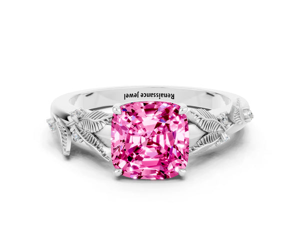 White gold Cushion Cut Pink Sapphire Solitaire Ring with Leaf Motif Band and Four-Prong Setting