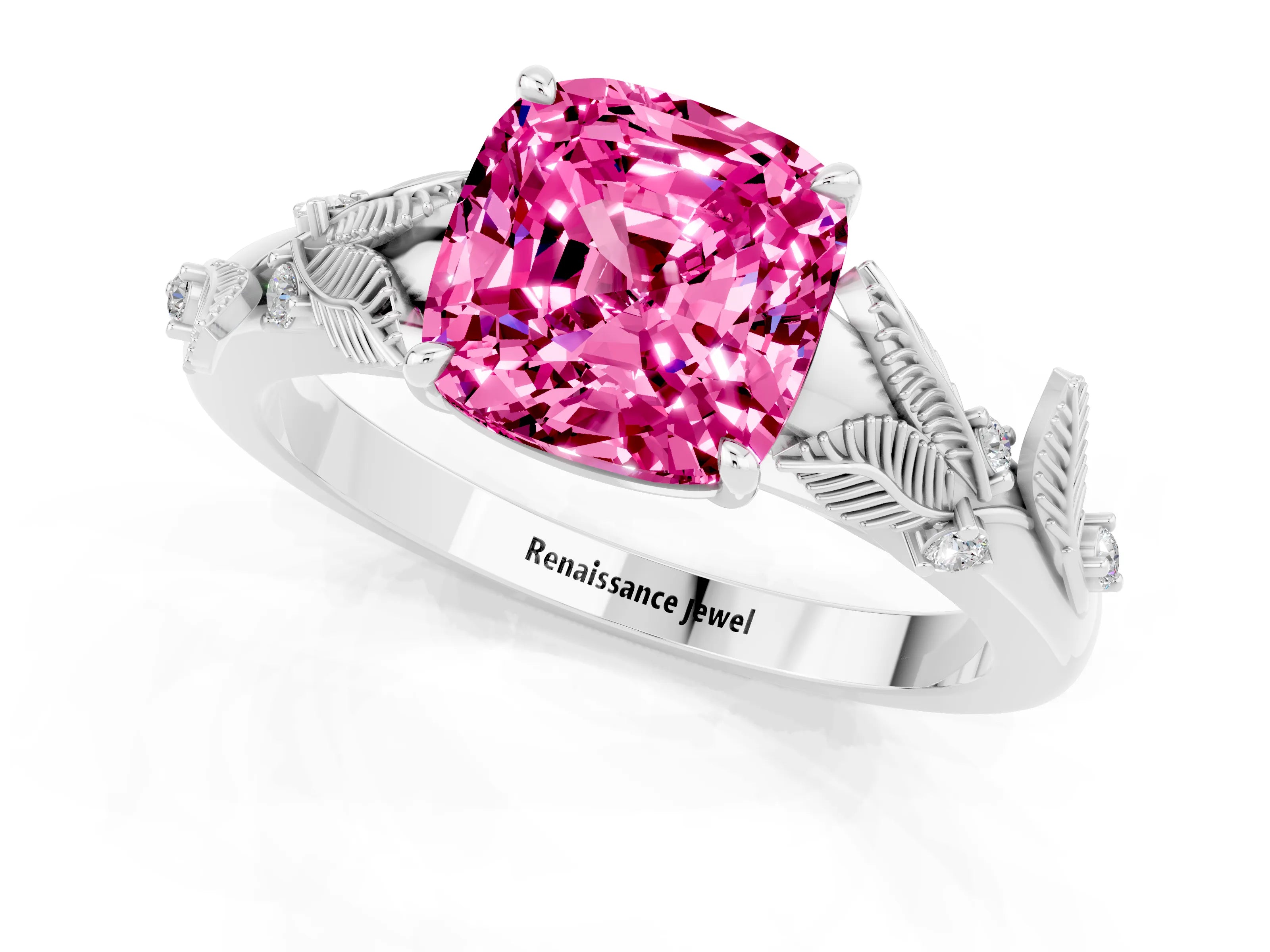 White gold Cushion Cut Pink Sapphire Solitaire Ring with Leaf Motif Band and Four-Prong Setting_13