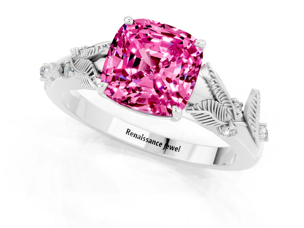 White gold Cushion Cut Pink Sapphire Solitaire Ring with Leaf Motif Band and Four-Prong Setting