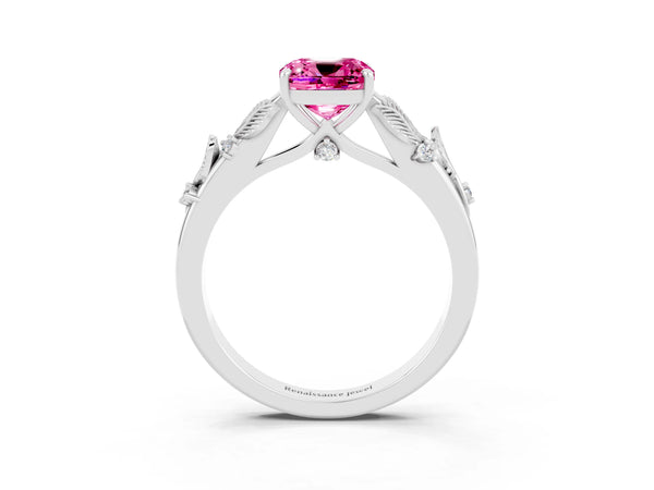White gold Cushion Cut Pink Sapphire Solitaire Ring with Leaf Motif Band and Four-Prong Setting