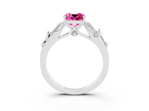 White gold Cushion Cut Pink Sapphire Solitaire Ring with Leaf Motif Band and Four-Prong Setting_15