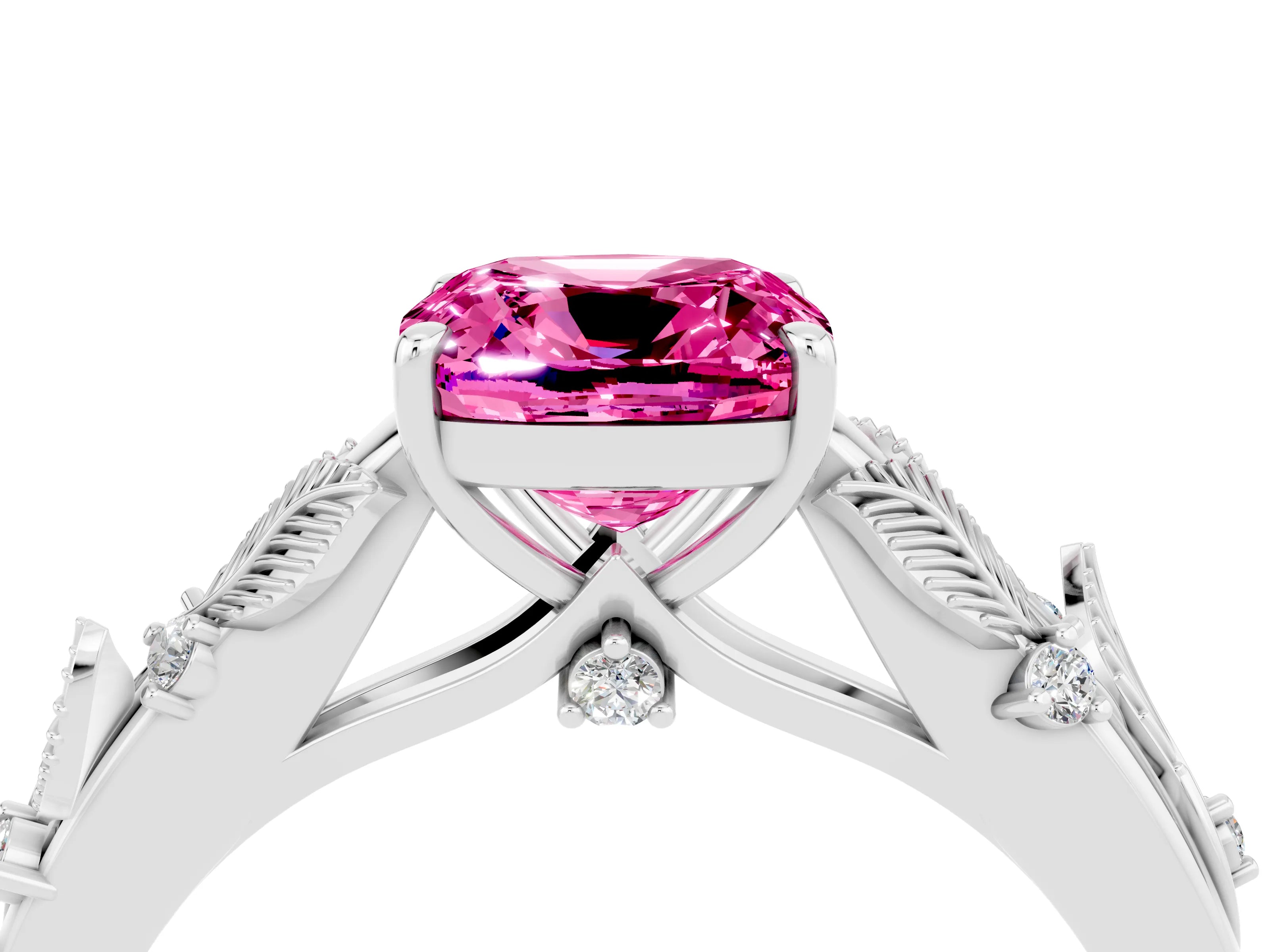 White gold Cushion Cut Pink Sapphire Solitaire Ring with Leaf Motif Band and Four-Prong Setting_16