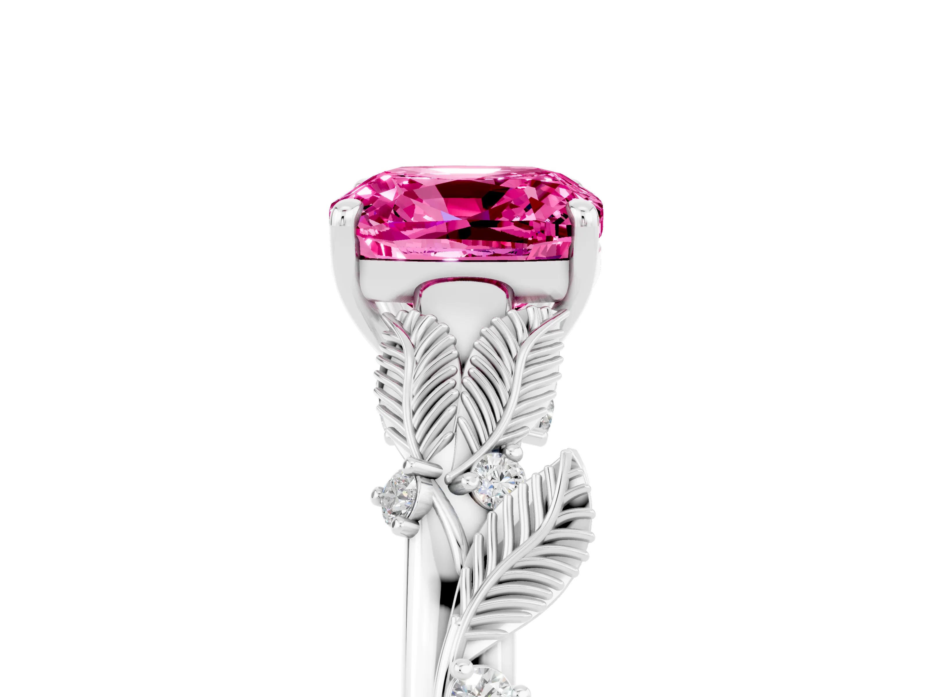 White gold Cushion Cut Pink Sapphire Solitaire Ring with Leaf Motif Band and Four-Prong Setting_17