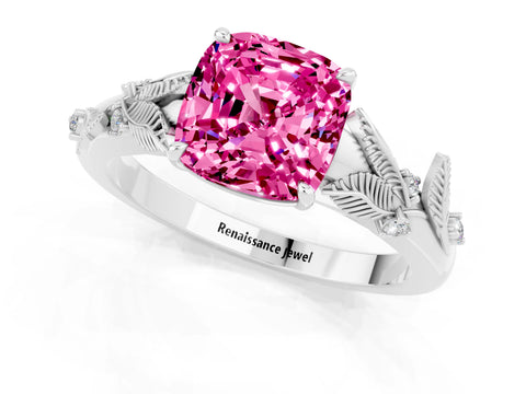 White gold Cushion Cut Pink Sapphire Solitaire Ring with Leaf Motif Band and Four-Prong Setting_1