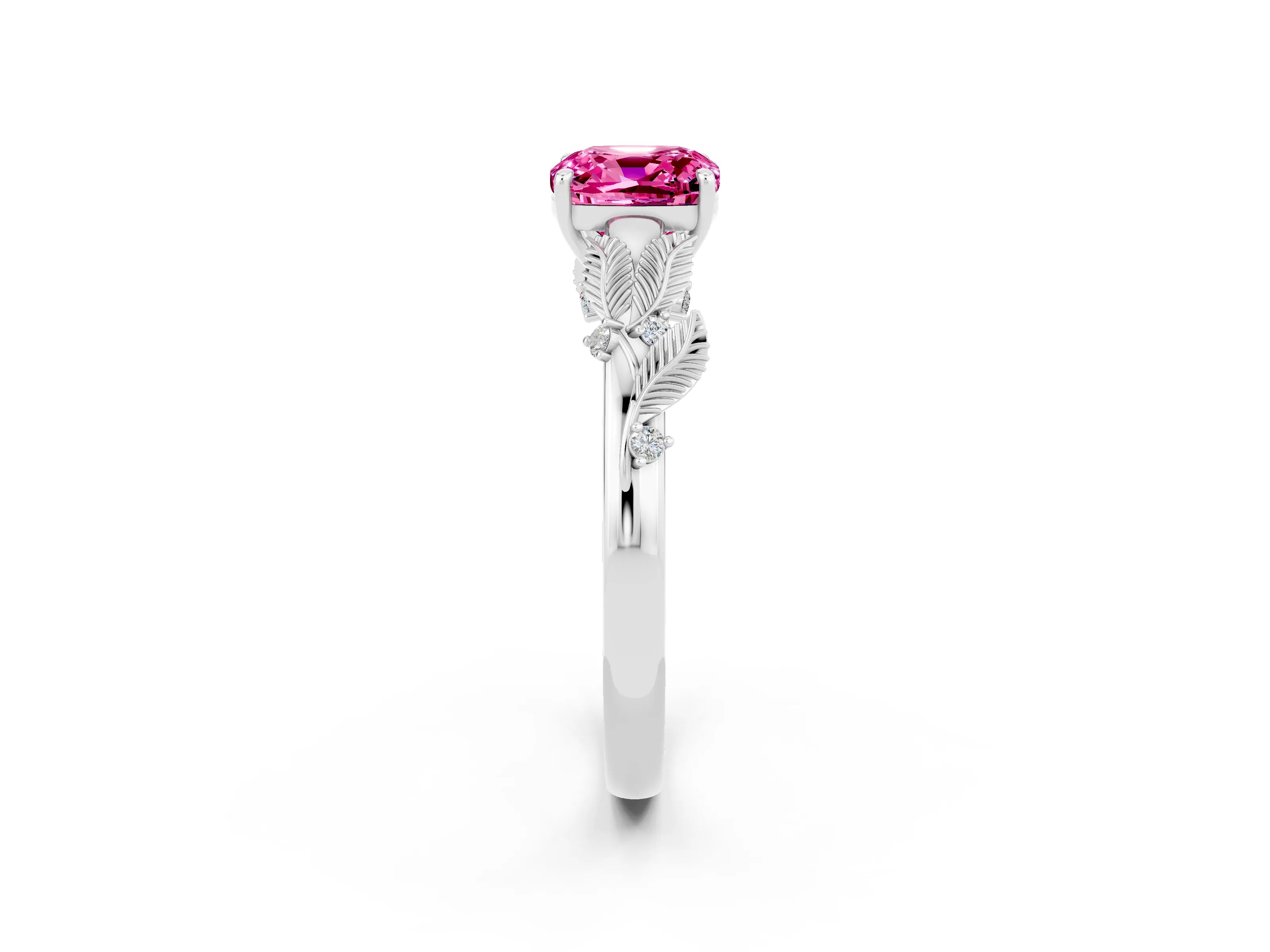 White gold Cushion Cut Pink Sapphire Solitaire Ring with Leaf Motif Band and Four-Prong Setting_2