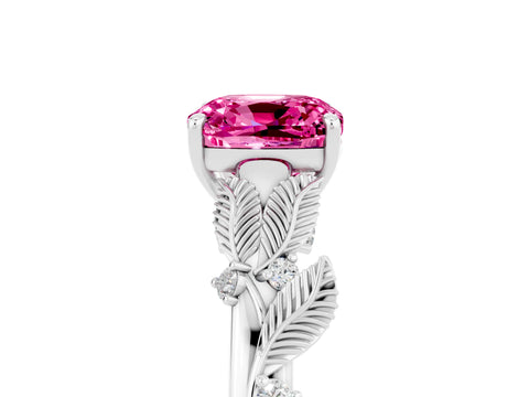 White gold Cushion Cut Pink Sapphire Solitaire Ring with Leaf Motif Band and Four-Prong Setting_5