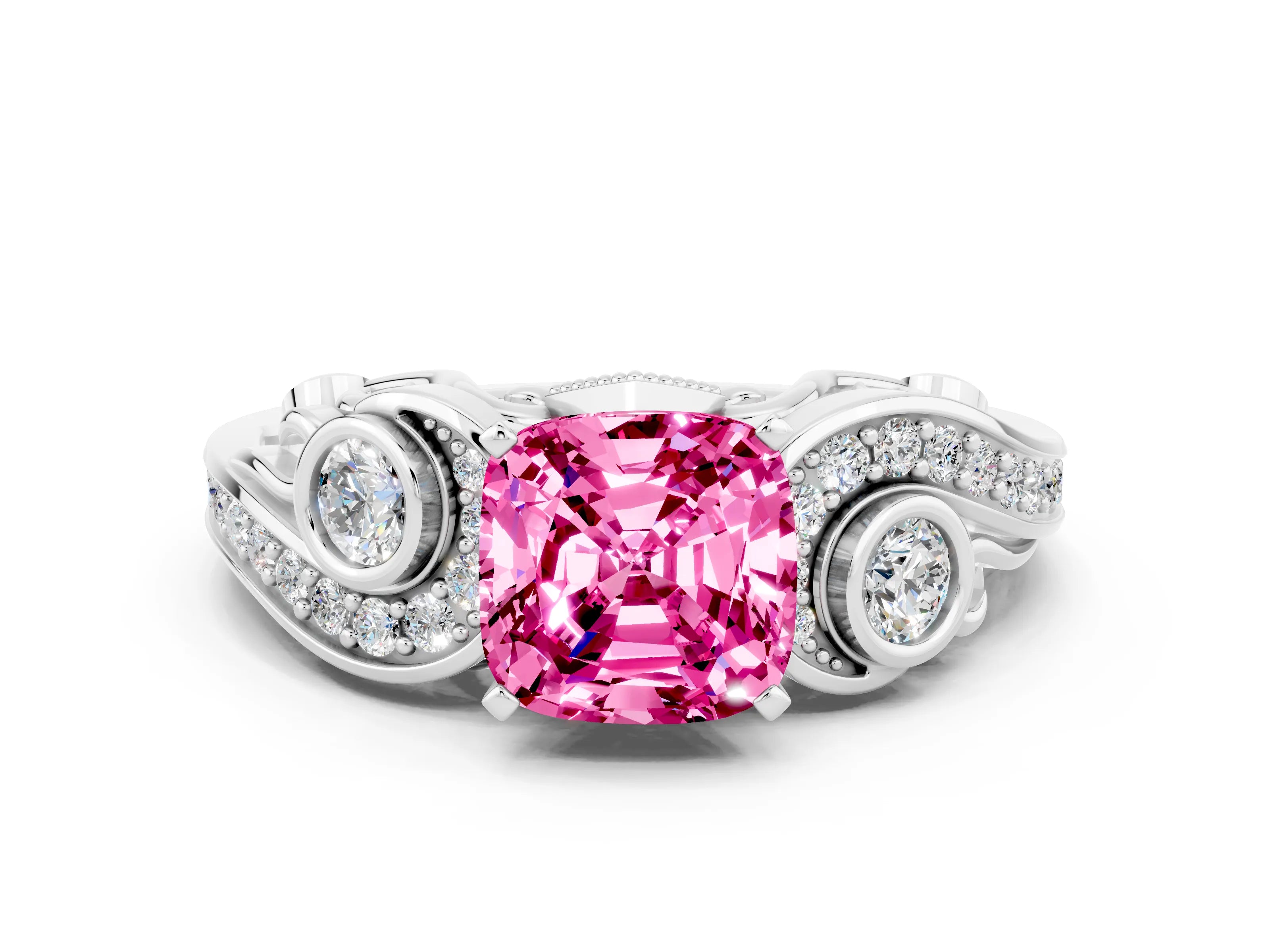 White gold Cushion Cut Pink Sapphire Solitaire Ring with Milgrain Pavé Band and Four-Prong Setting_12