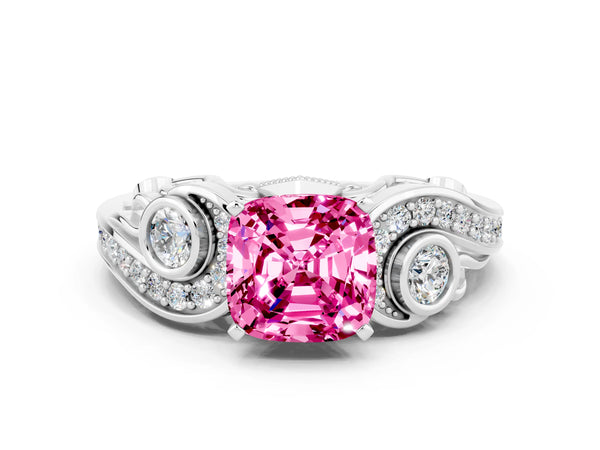 Platinum Cushion Cut Pink Sapphire Solitaire Ring with Milgrain Pavé Band and Four-Prong Setting