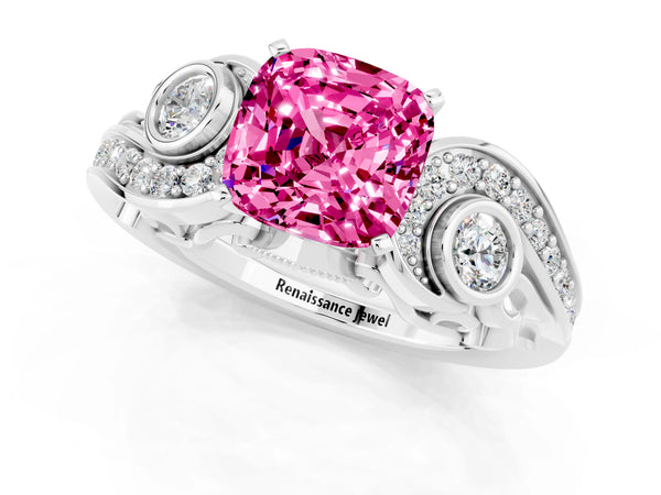 Platinum Cushion Cut Pink Sapphire Solitaire Ring with Milgrain Pavé Band and Four-Prong Setting