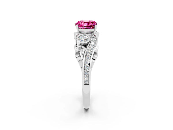 Silver Cushion Cut Pink Sapphire Solitaire Ring with Milgrain Pavé Band and Four-Prong Setting