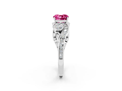 White gold Cushion Cut Pink Sapphire Solitaire Ring with Milgrain Pavé Band and Four-Prong Setting_14