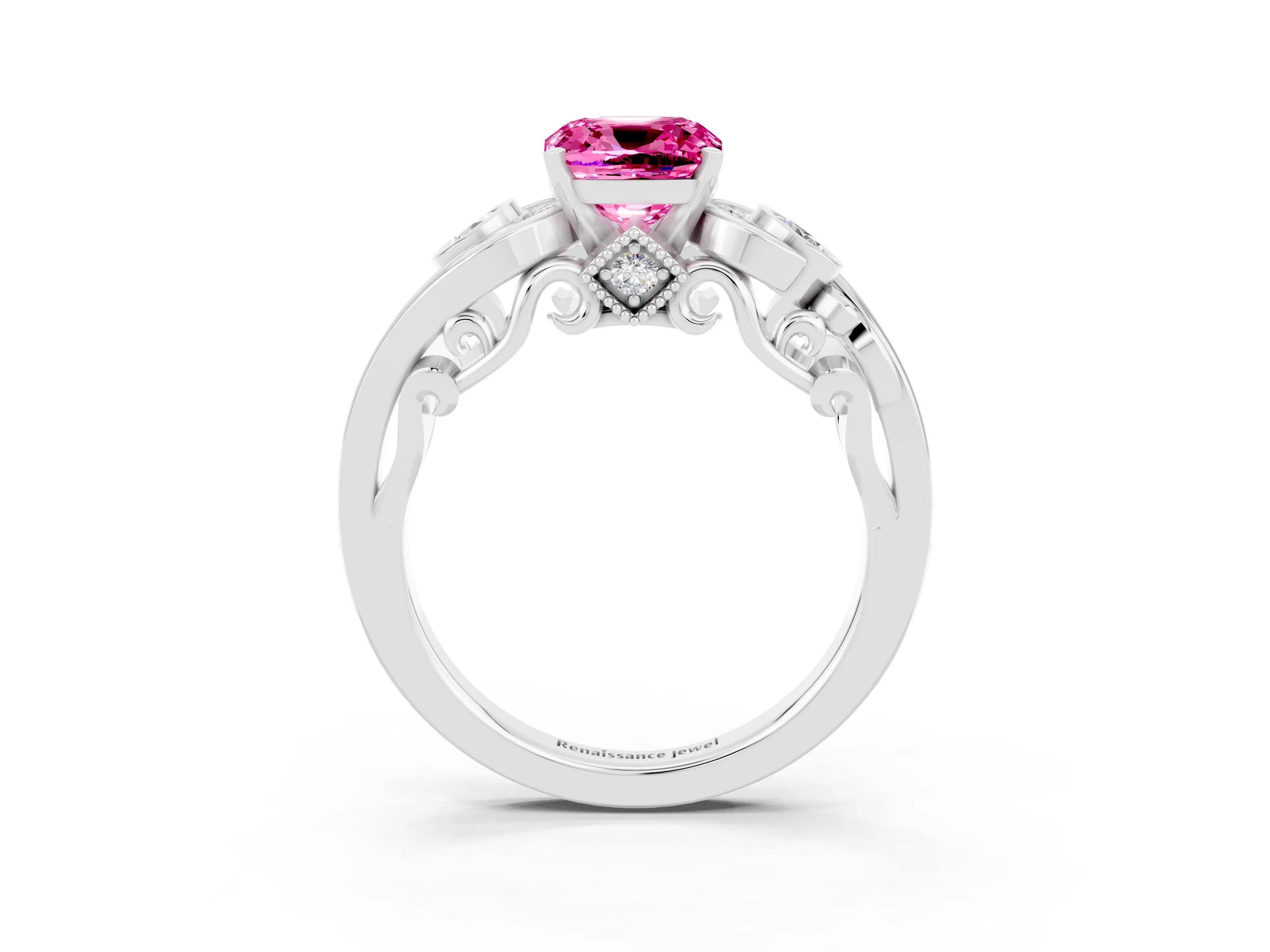 White gold Cushion Cut Pink Sapphire Solitaire Ring with Milgrain Pavé Band and Four-Prong Setting_15