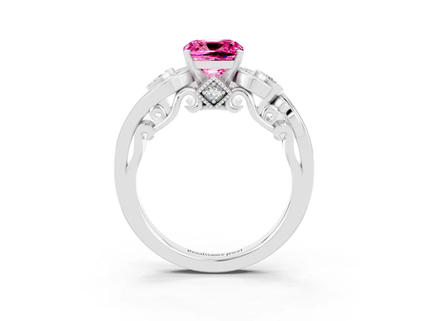 Silver Cushion Cut Pink Sapphire Solitaire Ring with Milgrain Pavé Band and Four-Prong Setting