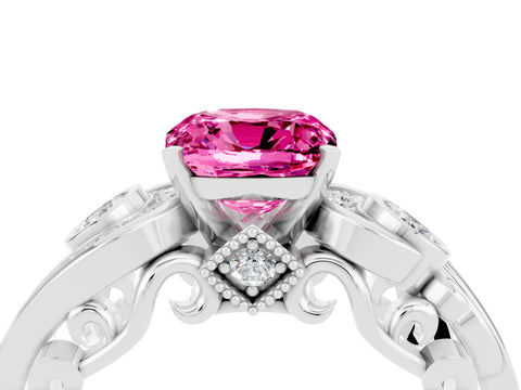 White gold Cushion Cut Pink Sapphire Solitaire Ring with Milgrain Pavé Band and Four-Prong Setting_16