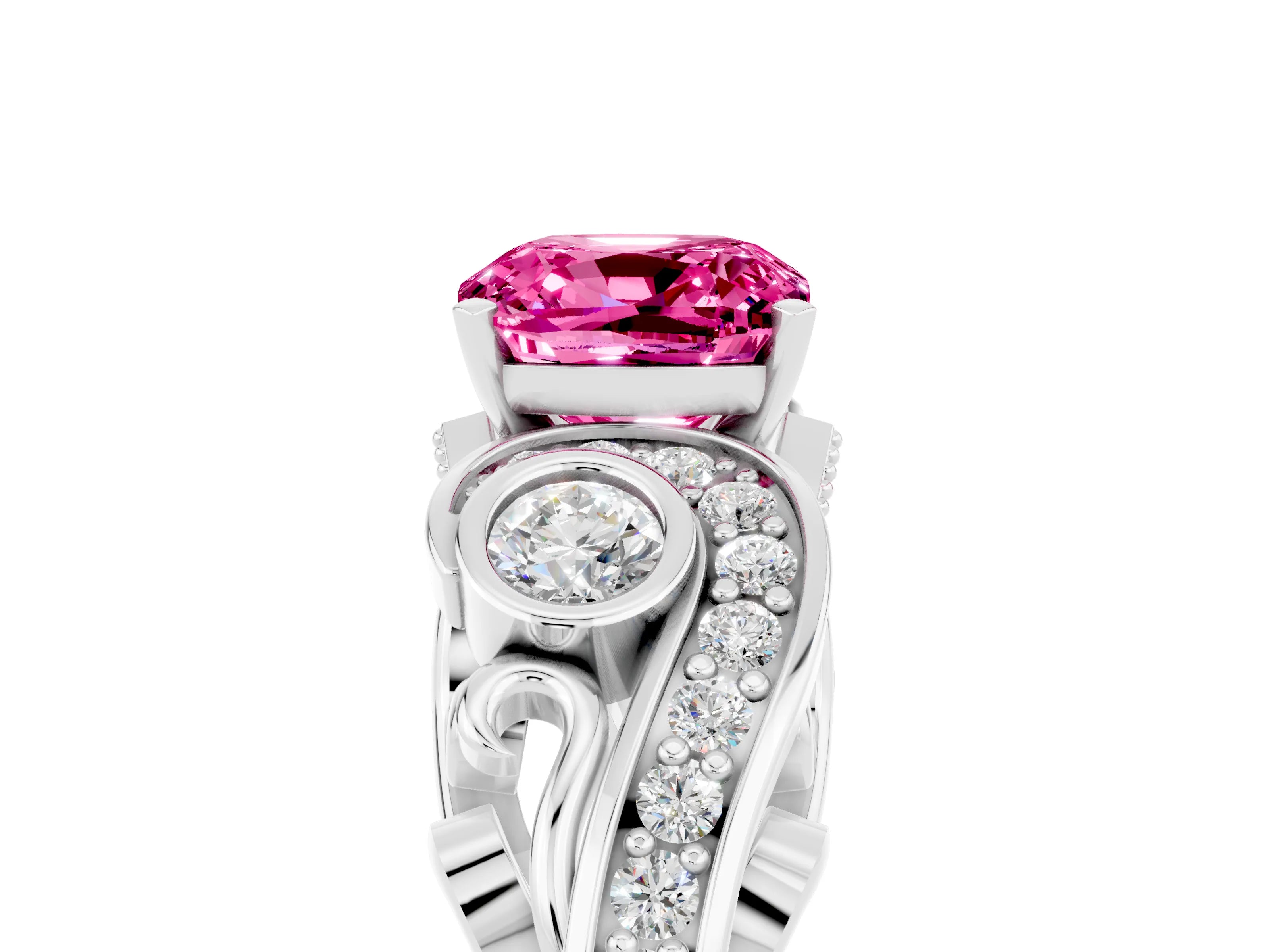White gold Cushion Cut Pink Sapphire Solitaire Ring with Milgrain Pavé Band and Four-Prong Setting_17