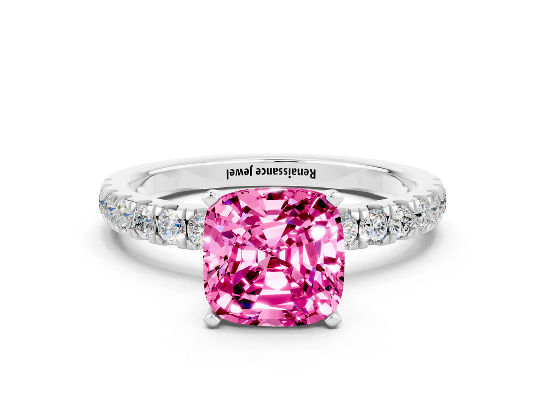 White gold Cushion Cut Pink Sapphire Solitaire Ring with Pavé Accents and Four-Prong Setting_24