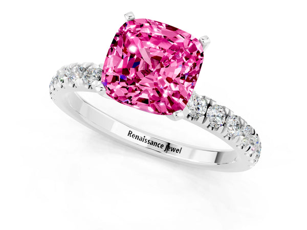 Platinum Cushion Cut Pink Sapphire Solitaire Ring with Pavé Accents and Four-Prong Setting