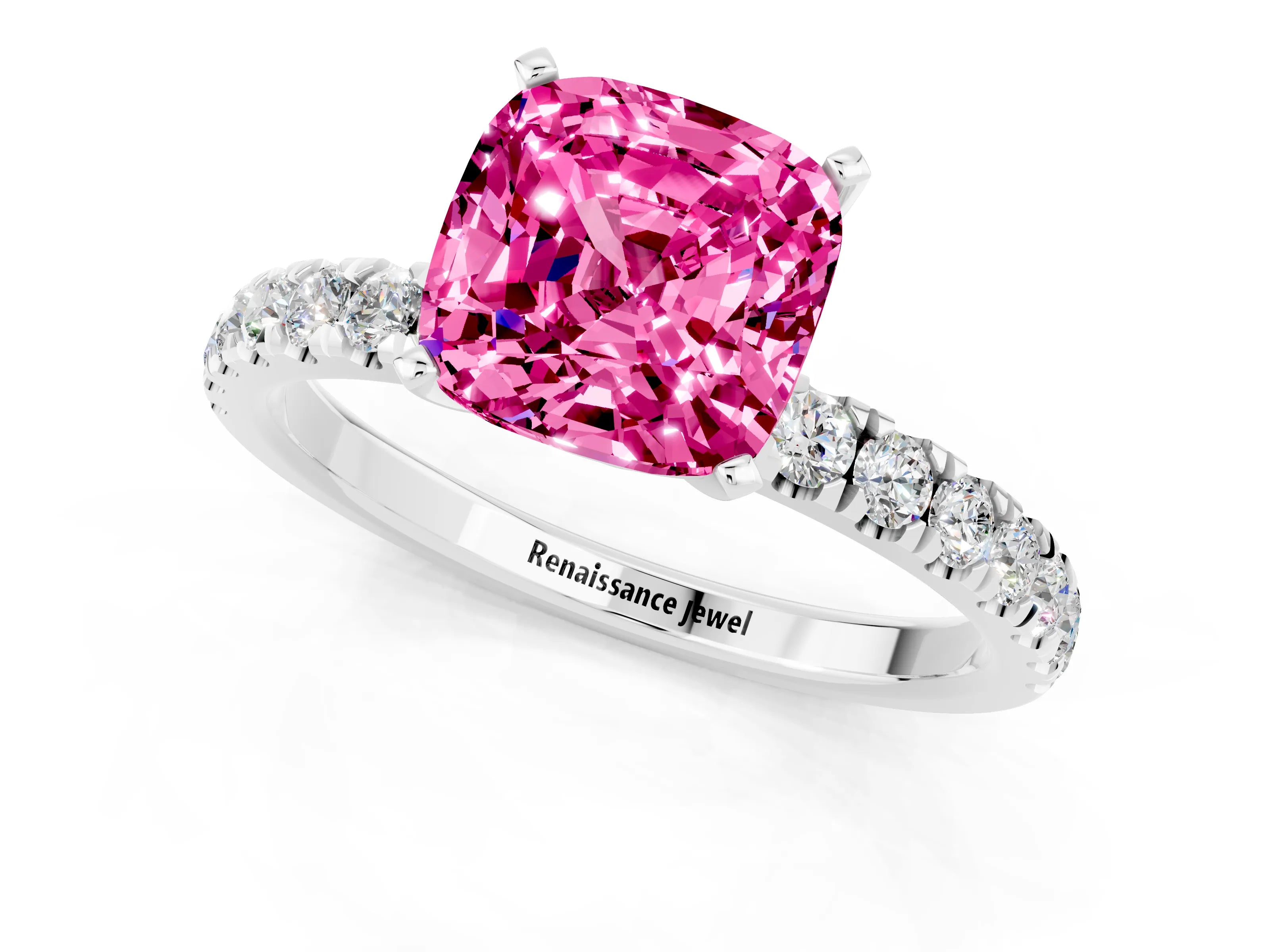 White gold Cushion Cut Pink Sapphire Solitaire Ring with Pavé Accents and Four-Prong Setting_25