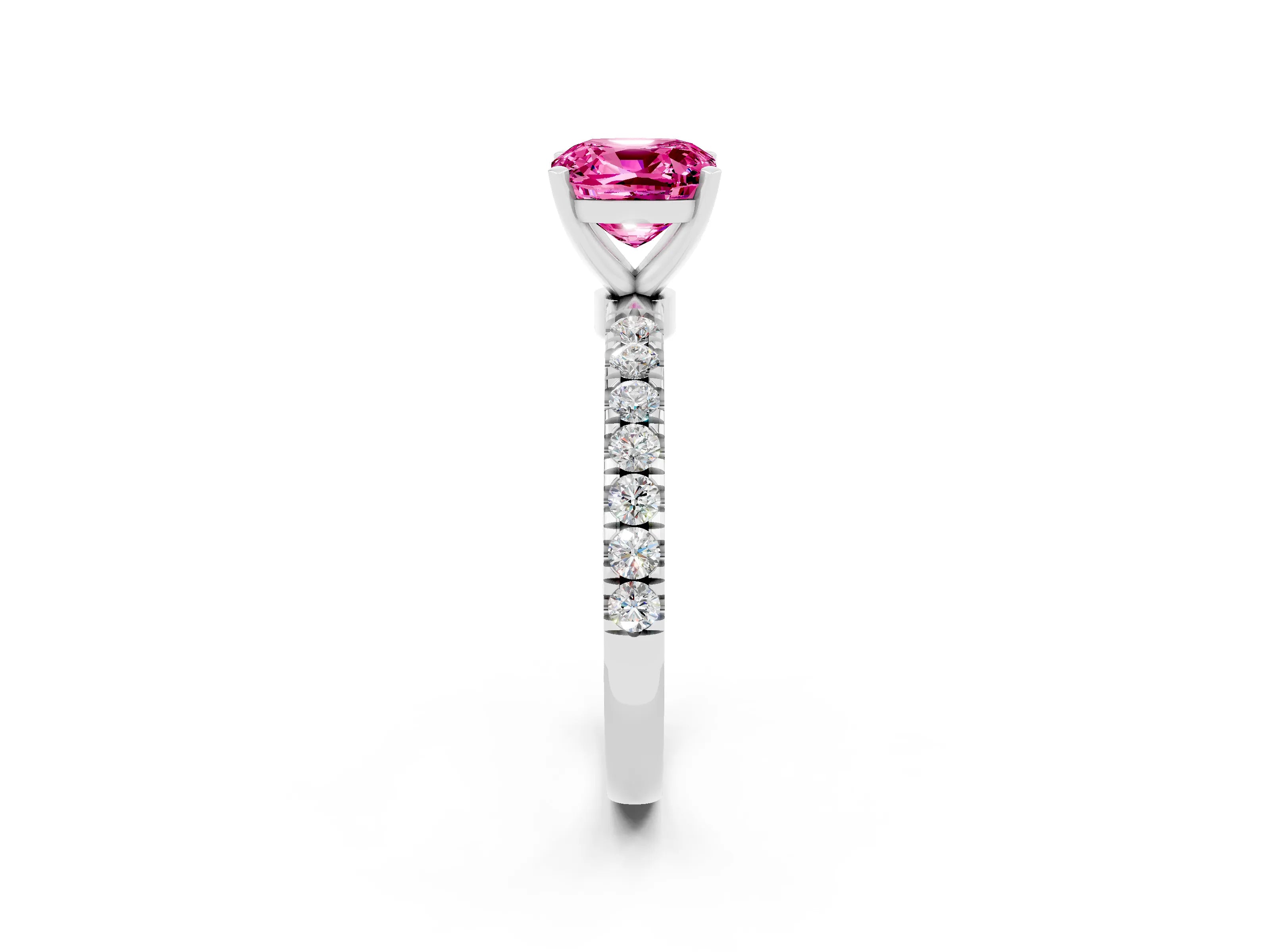 White gold Cushion Cut Pink Sapphire Solitaire Ring with Pavé Accents and Four-Prong Setting_26